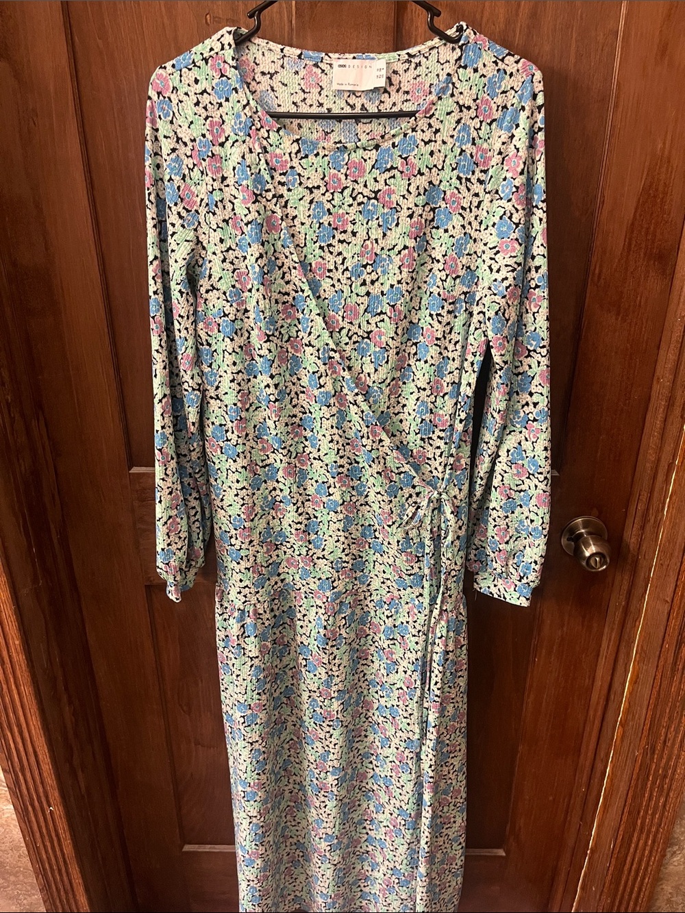 ASOS Floral Wrap Maxi Dress - Pastel Blue & Purple Long Sleeve, faux wrap